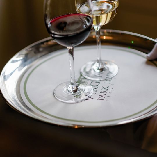 waiter carrying red and white wine on a tray at Virginia Park Lodge